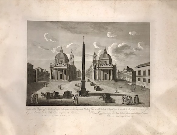 Ruga Pietro (attivo a Roma nella prima metà  del XIX Secolo) Veduta della Piazza del Popolo nel mezzo della quale si vede un grande Obelisco egizio e lateralmente due belle Chiese uniformi che l'adornano  1796 Roma